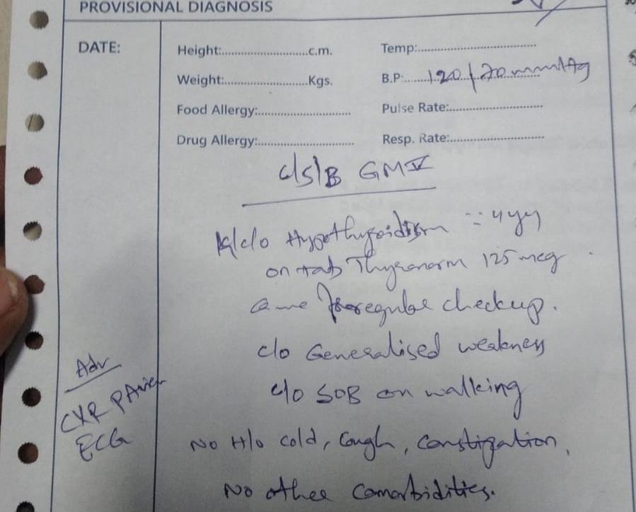 46M Hypothyroidism 6 yrs, SOB while walking, Knee joint pain Telangana PaJR